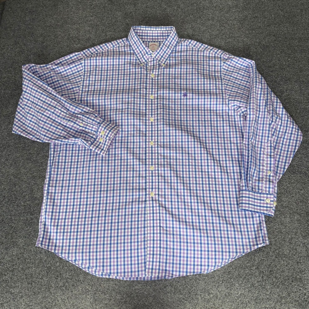 Brooks Brothers 346 Mens XL Blue Purple Gingham Non Iron Cotton Button Up Shirt